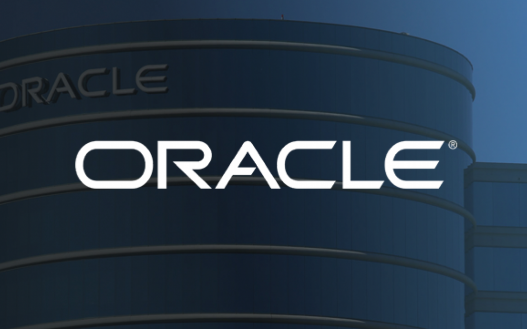 Oracle logo on a blue background of their office building