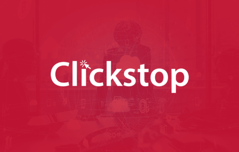 Clickstop logo on a red background