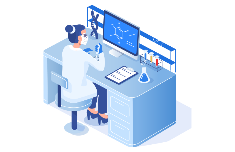 A woman in a lab with test tubes and charts