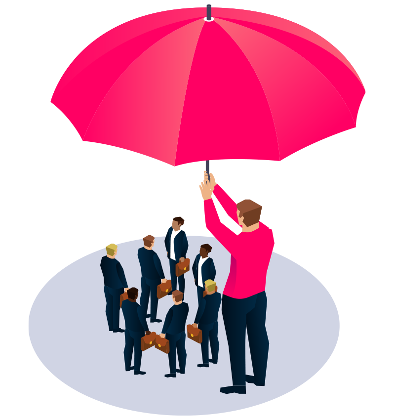 A man holding a large umbrella protecting seven business men underneath