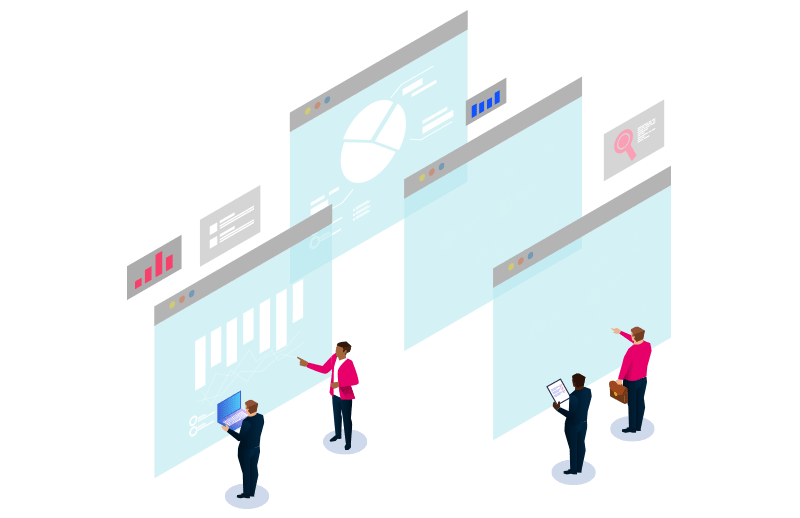 Employees standing in front of many charts analyzing data