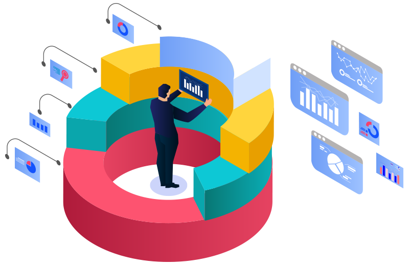 A man standing inside charts with a complete view of his data