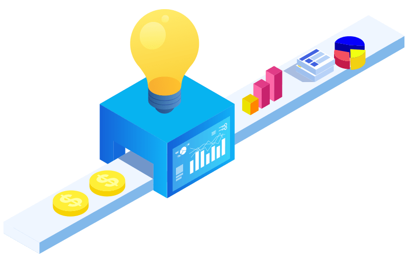 A conveyer belt with data, charts, and a lightbulb