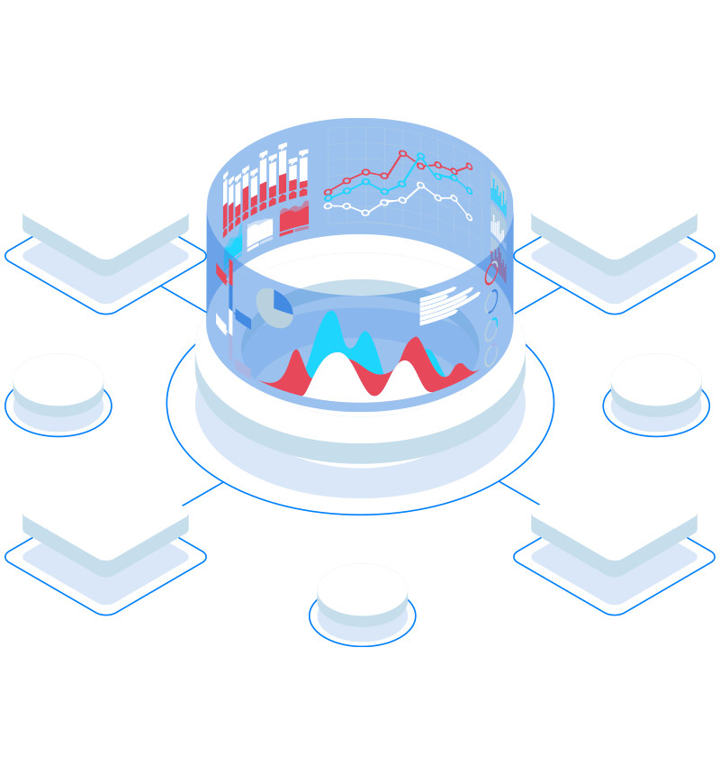 Screens of data charts in a circle