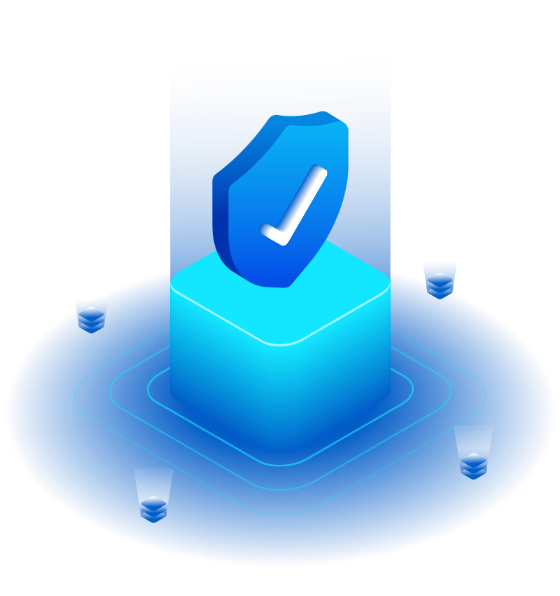 An isometric shield with a check mark in the middle