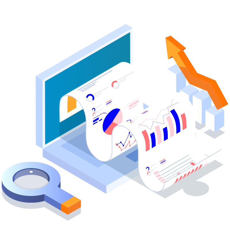 A laptop with reports, charts, and a magnifying glass