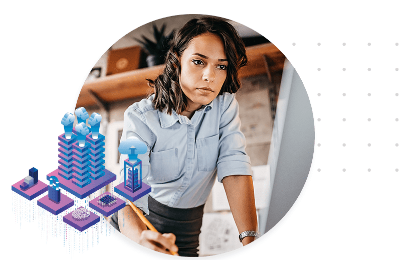 A woman working on a computer next to an icon of data storage